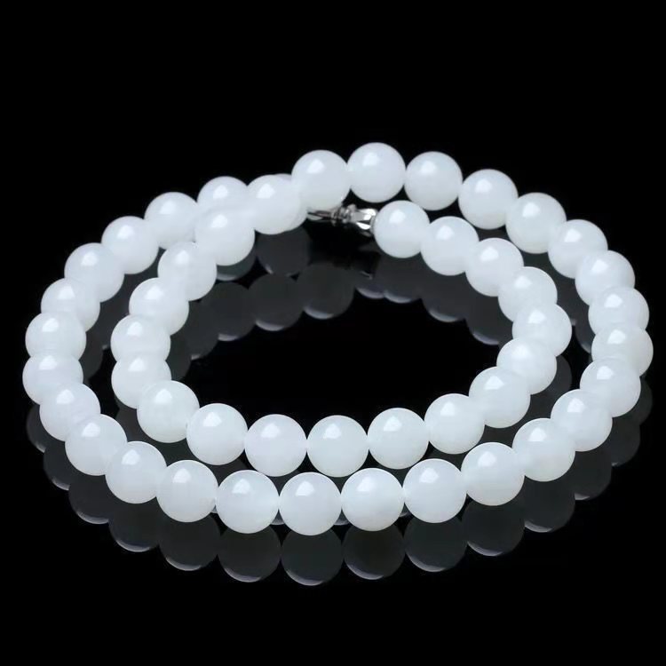 Xinjiang Hotan Mutton Fat White Gold Silk Jade Women's Ball Bead Necklace Jade Jade Necklace Manufacturer Live Welfare Model