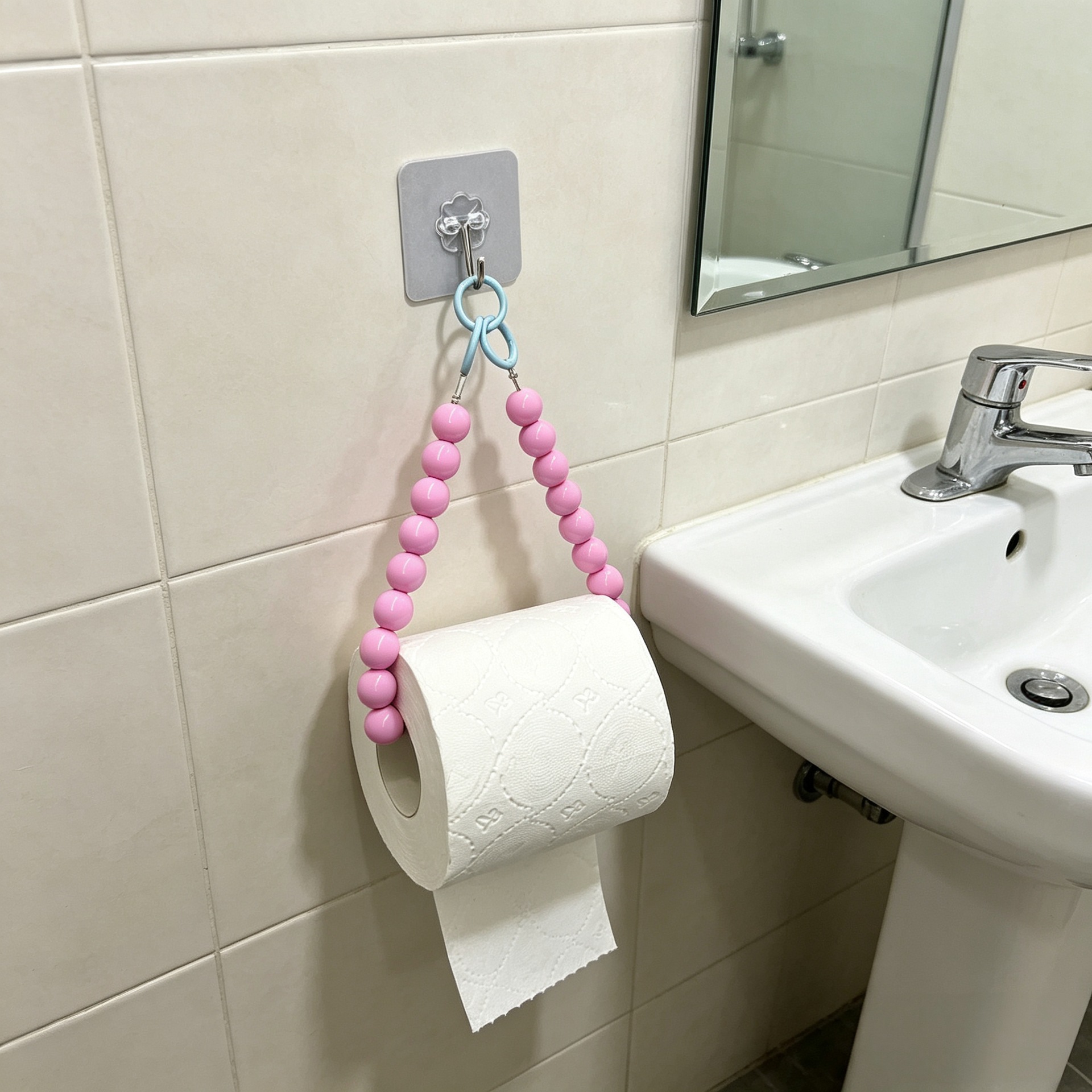 Cross-Border Popular Dopamine Rose Red Beaded Paper Towel Holder, Cute No-Drill Toilet Paper Holder, Bathroom Toilet Paper Storage Rack
