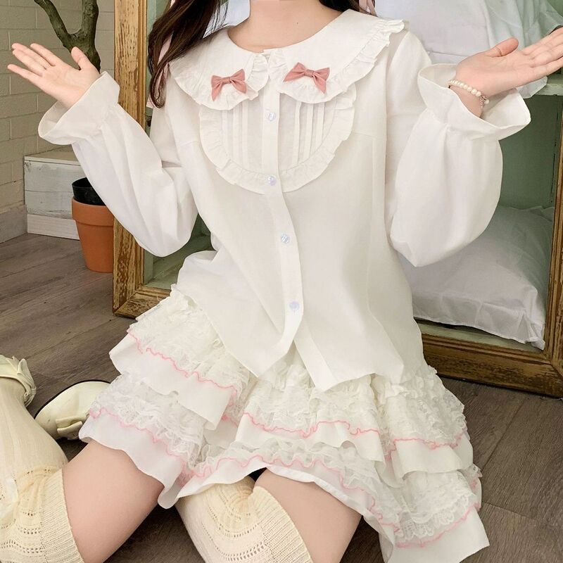 Lolita Style Puff Sleeve Long-Sleeve Outerwear Cute Spring and Autumn Soft Girl Top Doll Collar Shirt