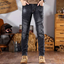 2025潮牌拼接机车牛仔裤男烟灰色复古做旧修身小脚个性休闲长裤子