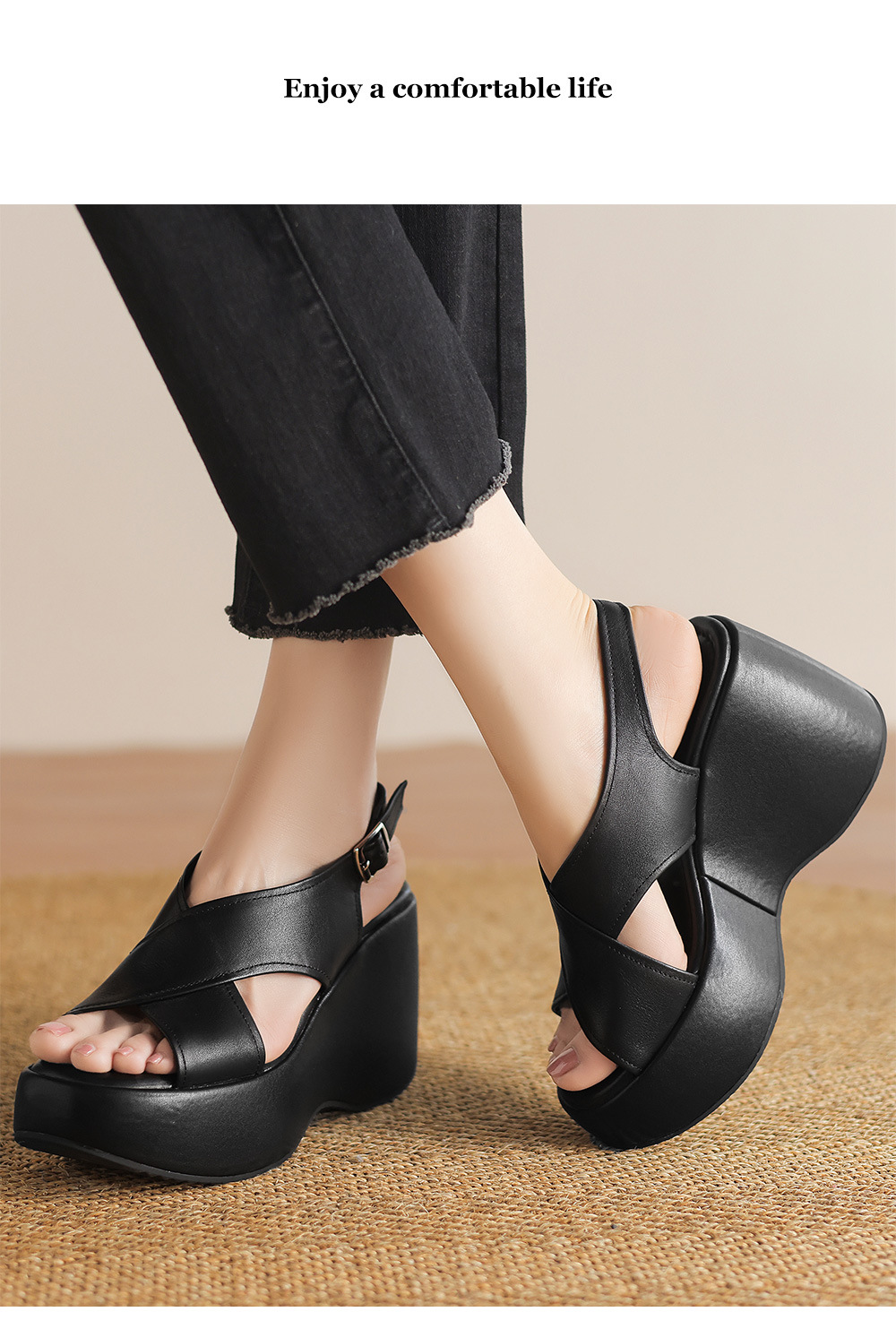 Sandal hở mũi da thật quai chéo kiểu Pháp, gót xuồng cao 9 cm, dáng thon gọn — Màu đen, Màu trắng be chi tiết 9