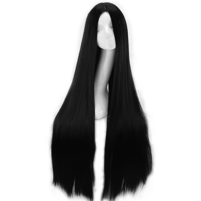 European American Style Women's Long Black Realistic Center Parted Straight Hair Wig High Temperature Silk Synthetic Fiber Hairpieces_voghion.com