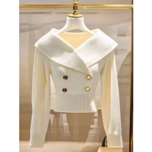 2025 Autumn and Winter Small Fragrance Style White Large Lapel Sweater Women's Small Fashionable Waist Slim Sweater
