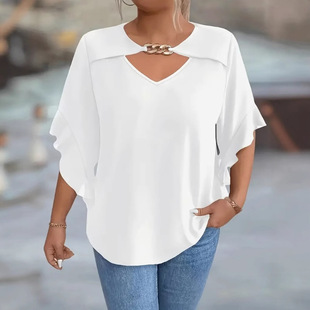 2025 European and American Cross-border plus size Women's Summer New V-Neck Horn Sleeve Refreshing Elegant Top