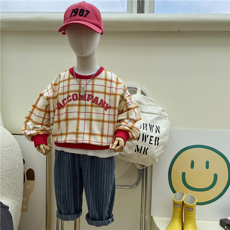 Felpa con cappuccio a quadri stampata per bambini 2024, un nuovo prodotto autunnale dalla Corea del Sud, con scollo rotondo dai colori vivaci_voghion.com