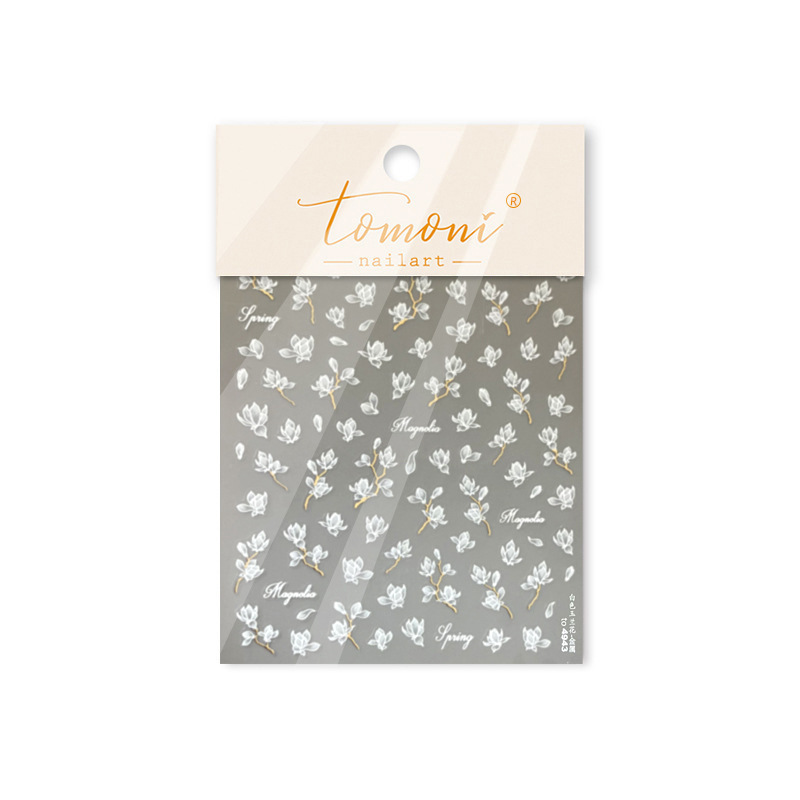 Magnolia pegatinas de manicuras flores blancas 5D estereoscopio relieve primavera pequeña decoración de uñas frescas pegatinas de patrón pequeño