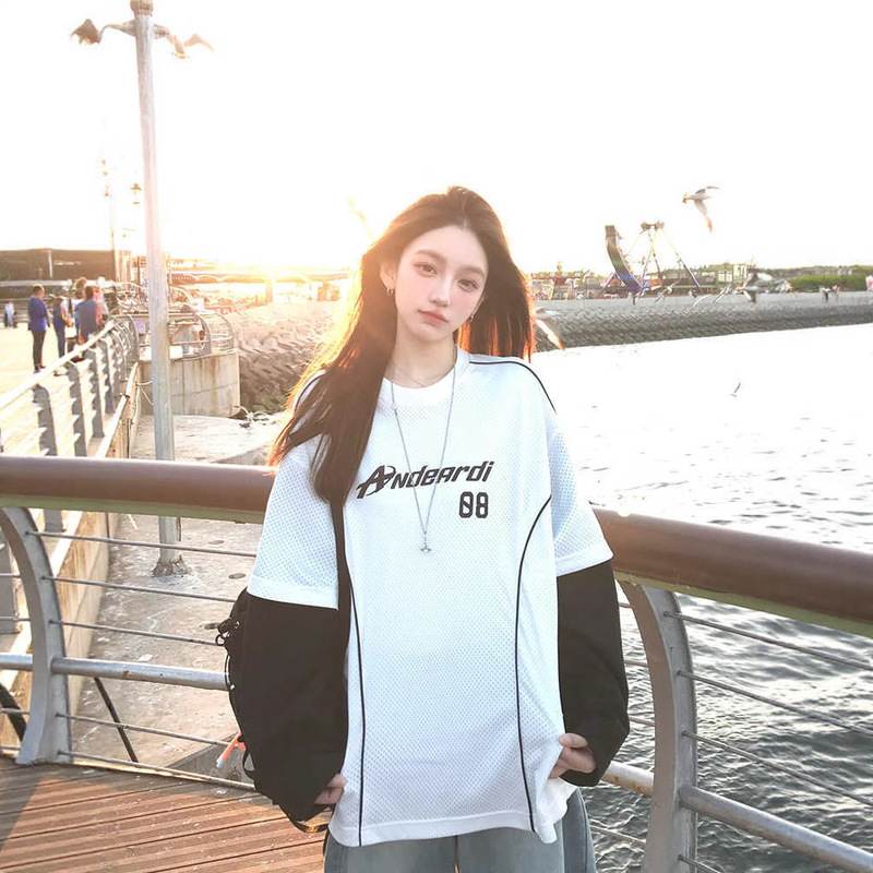 Andeardi Design Fake Two-Piece Contrasting Color Splicing Long-Sleeved T-Shirt Women's Summer Lightweight Breathable Jersey Style Top