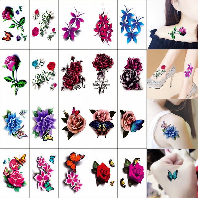 Cross-Border New 3D Stereo Tattoo Stickers with Rose Flowers and Butterflies, Fresh and Sexy Temporary Tattoo Stickers for Ankles and Collarbones