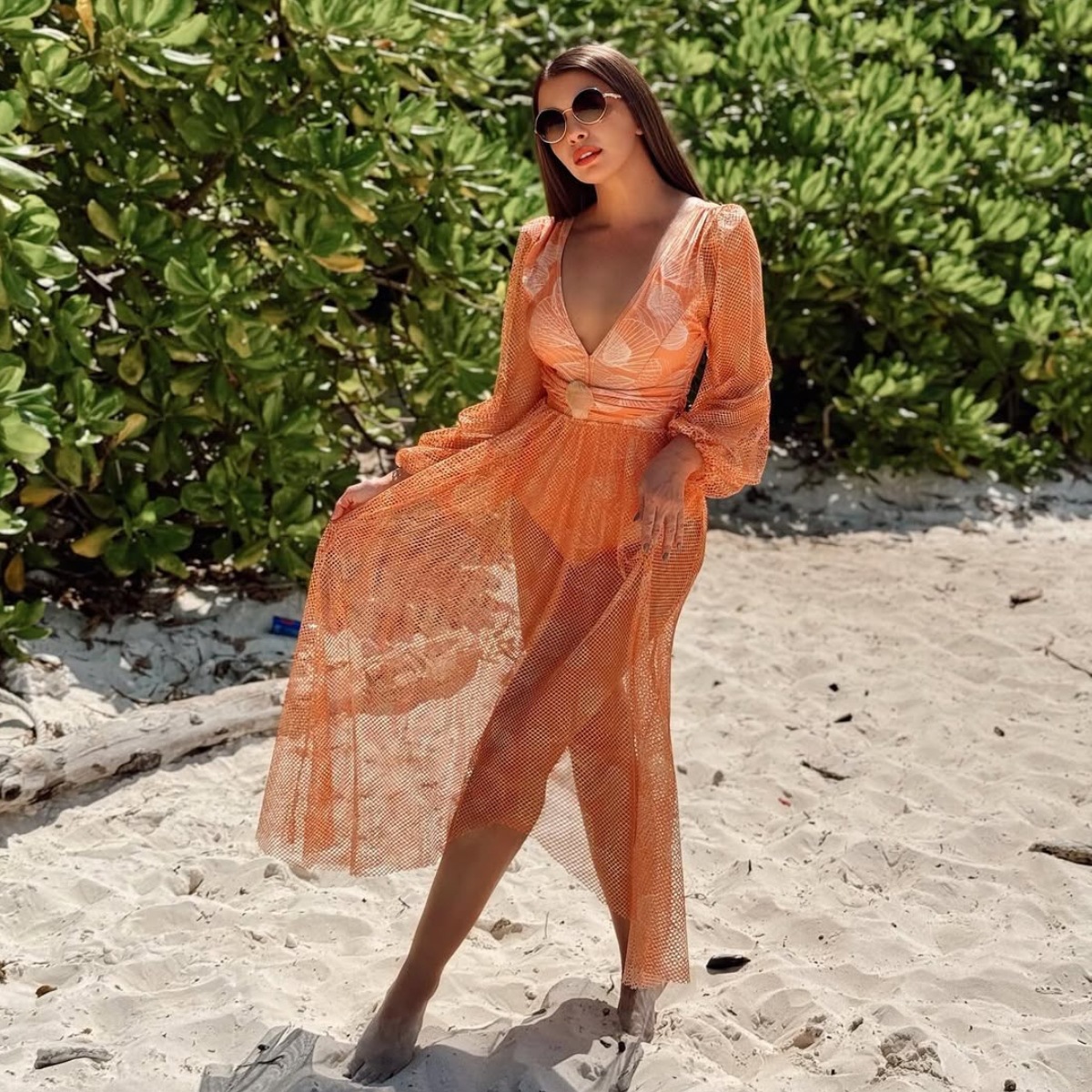 Women's V Neck Mesh Long Sleeve Swimsuit Glossy One Piece Swimwear_voghion.com