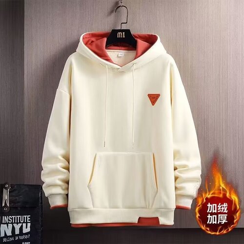 Hooded hoodie for men's autumn and winter with velvet and thickened 2024 new wide-split top fashionable apricot foreign coat