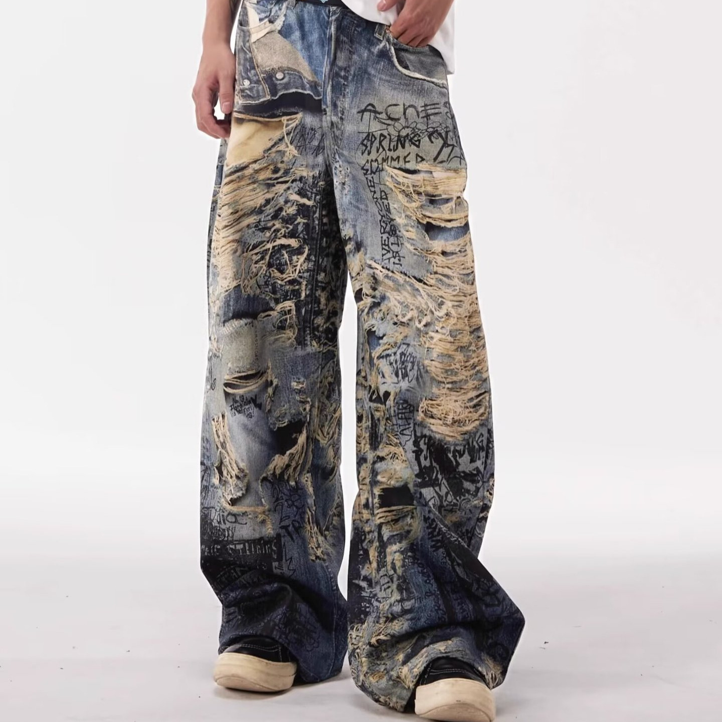 Herren-Jeans im Graffiti-Look mit 3D-Digital-Distressed-Effekt, Streetstyle, gerader Schnitt, lockere Passform, weites Bein_voghion.com