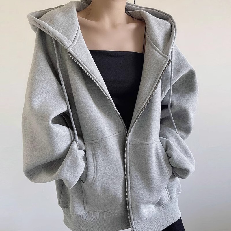 Loose Hooded Sweatshirt 2026 New Spring and Autumn Style Jacket for Women Gray American Casual Couple Zipper Cardigan Top