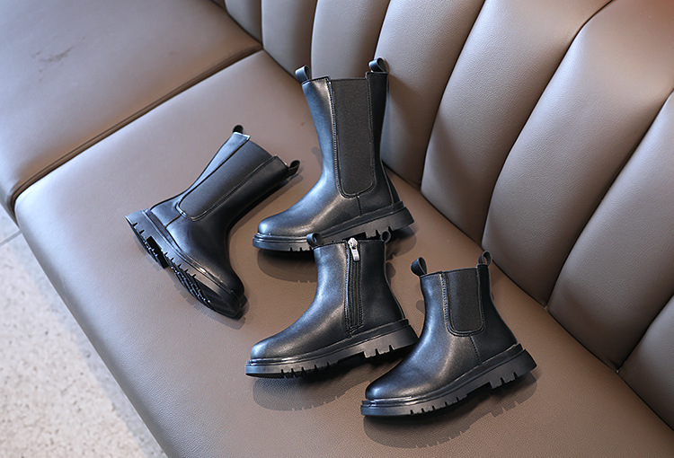 Children's Martin 2024 Spring and Autumn New Black Side Zipper Girls' Mid length British Style Pipe Boots Trend_voghion.com