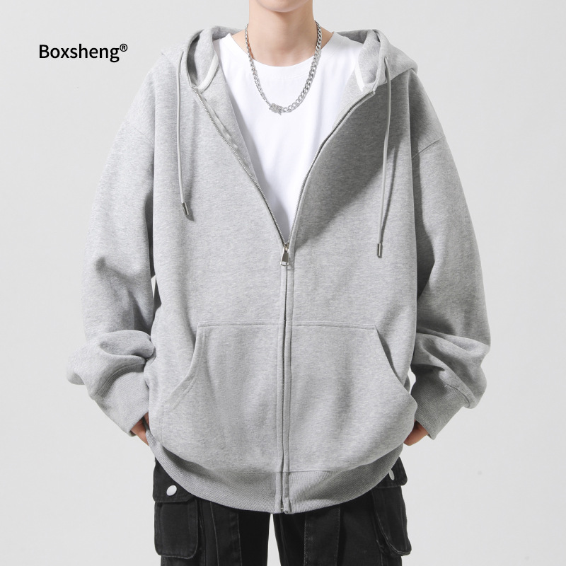 Spring and Autumn Heavyweight Gray Hooded Sweatshirt Men's Jacket Loose-Fitting Couple's Clothing New American-Style Men's Cardigan Jacket
