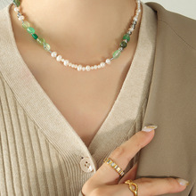 淡水珍珠天然石钛钢串珠项链首饰厂家直销 创意复古时髦个性设计