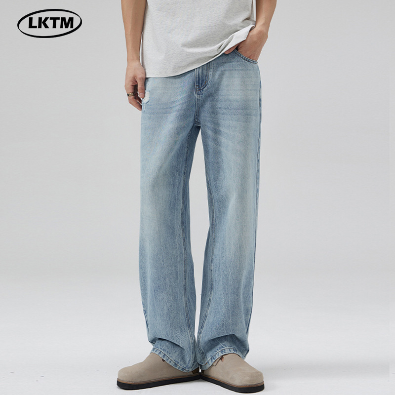 LKTM Men's# American Retro Washed Ice Blue Jeans Men's Advanced Sense Simple All-match Loose Ripped Pants