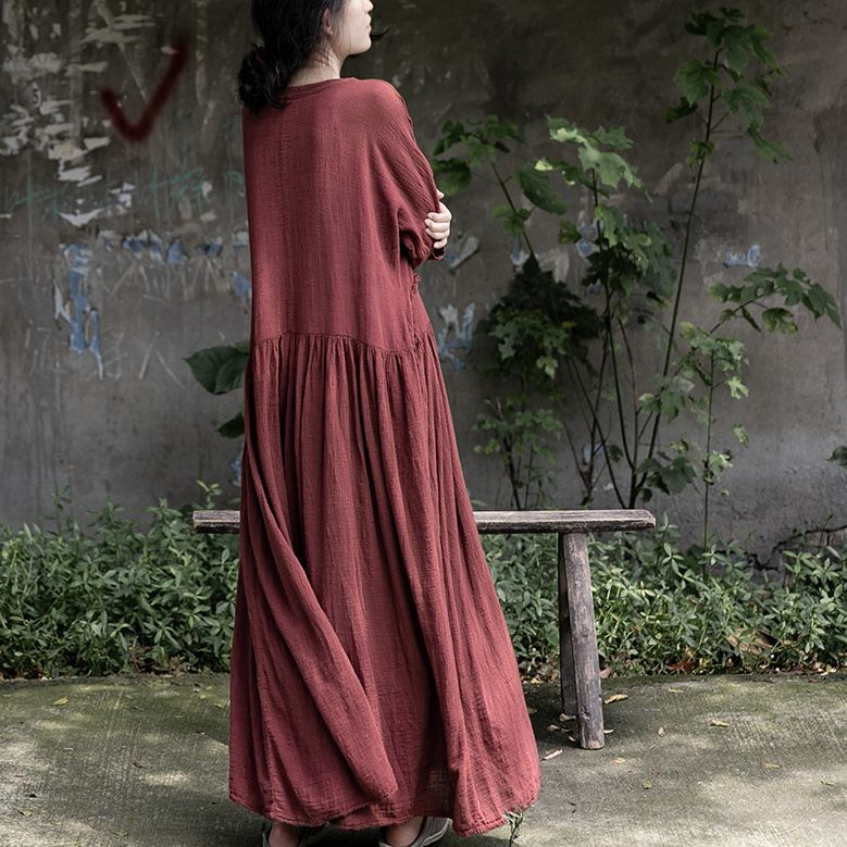 Shanqiannianyi autumn travel artistic soft loose slimming robe cotton and linen draping Burr dress