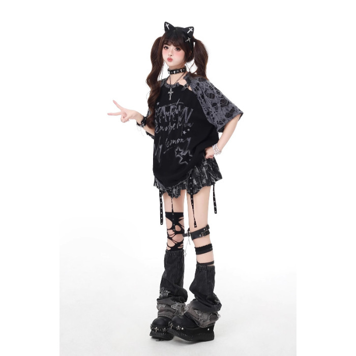 crazygirl サブカルチャー スターリッピング スプライシング ラグラン デザイン ニッチ ルーズ 万能 Tシャツ 夏新作|undefined