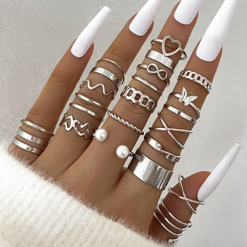 Cross-border new butterfly ring open multi-joint ring set 22 pieces design sense niche heart ring for women