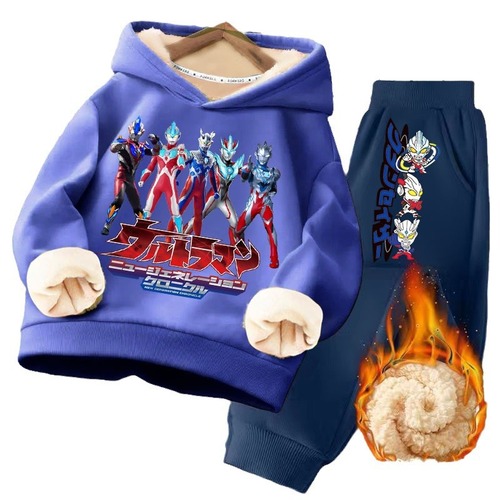 Ultraman Kids' Winter Fleece-Quilted Set, Boys' Two-Piece Sports Outfit, 2025 Long-Sleeved Warm Hoodie, Winter Clothing