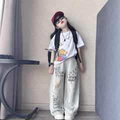 男の子と女の子の夏のトレンディでクールなカジュアルなリップドスプレーカラーデニムワイドレッグパンツ子供用かわいい多用途半袖Tシャツスーツ