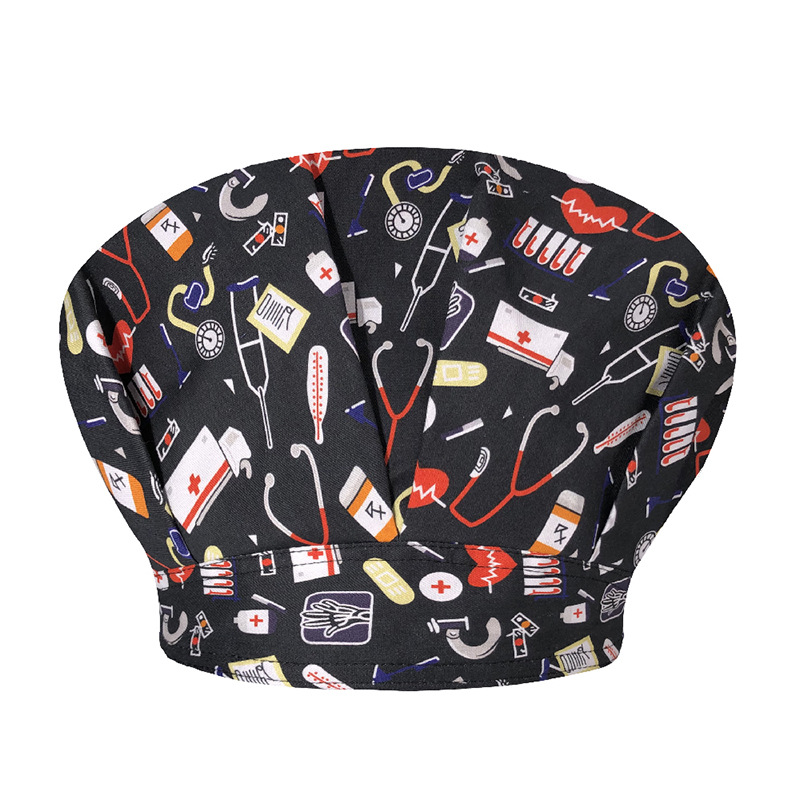Sombrero de enfermera mujer chef cocinando cocina a prueba de aceite a prueba de humo pérdida de cabello sombrero esponjoso sombrero impreso puntera sombrero de trabajo ajuste elástico