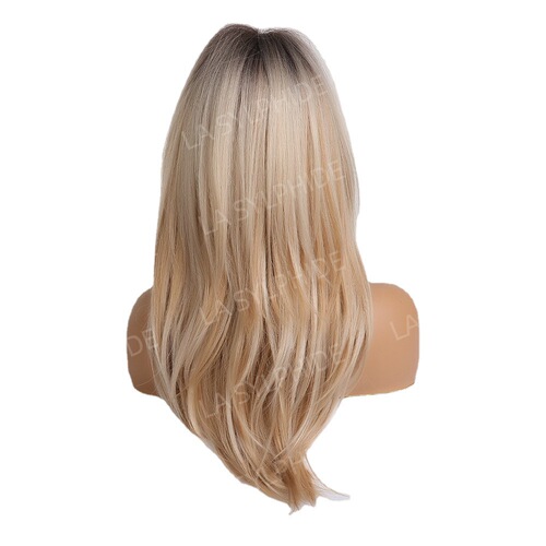 Eight-character bangs, medium-long textured straight hair, Wigs, European and American intellectual wigs for women, machine-made golden chemical fiber headgear