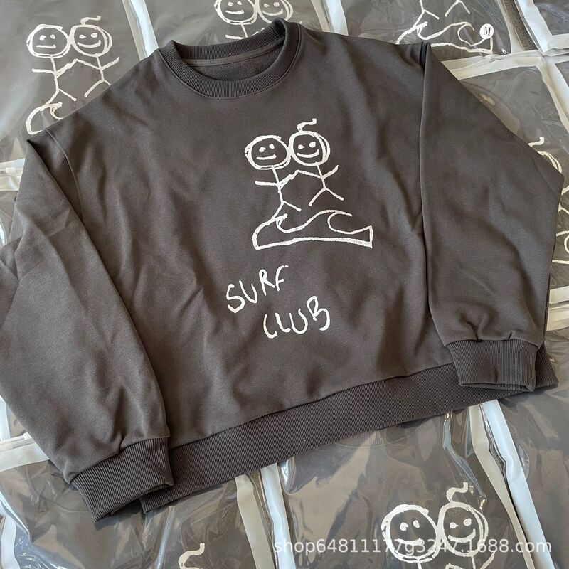 Stick figure doodle graphic print, round neck sweatshirt for women, pure cotton fleece, early autumn, loose and casual, pullover style