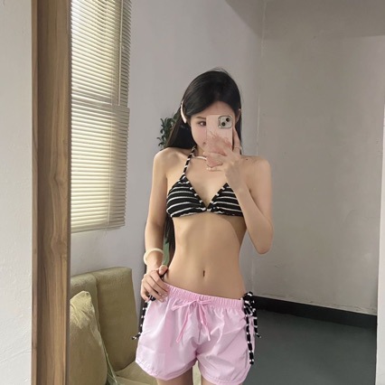 甜美少女条纹性感辣妹系绳比基尼BIKINI温泉度假沙滩裤游泳衣女