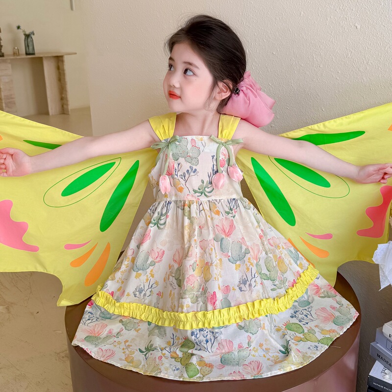 子供服女の子牧歌的なスタイルプリンセスベストドレス子供のファッショナブルな女の赤ちゃんサスペンダースカート蝶の羽のドレス|undefined