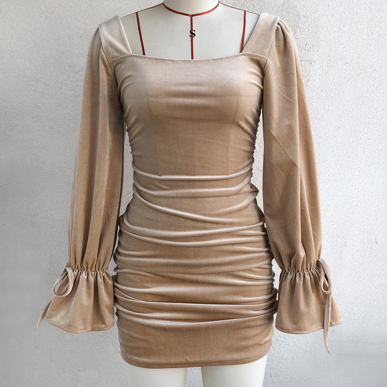 Women Clothing Fall Winter Bell Sleeve off-Neck Velvet Sheath Dress