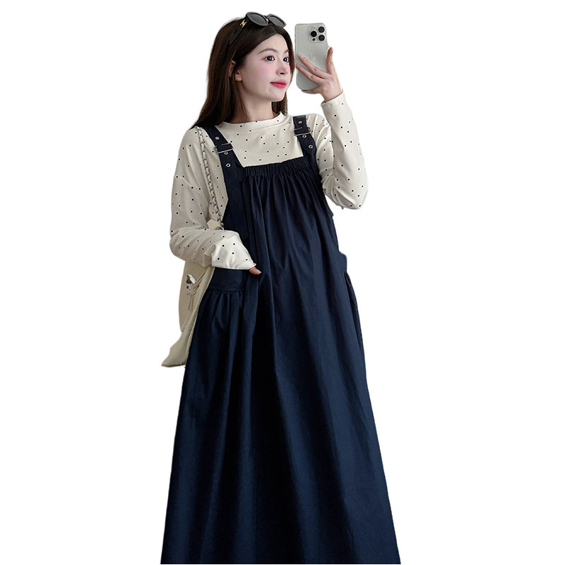 実写スポット秋2024甘美減齢ゆるい韓国版妊婦服ワンピース波点上着セット|undefined