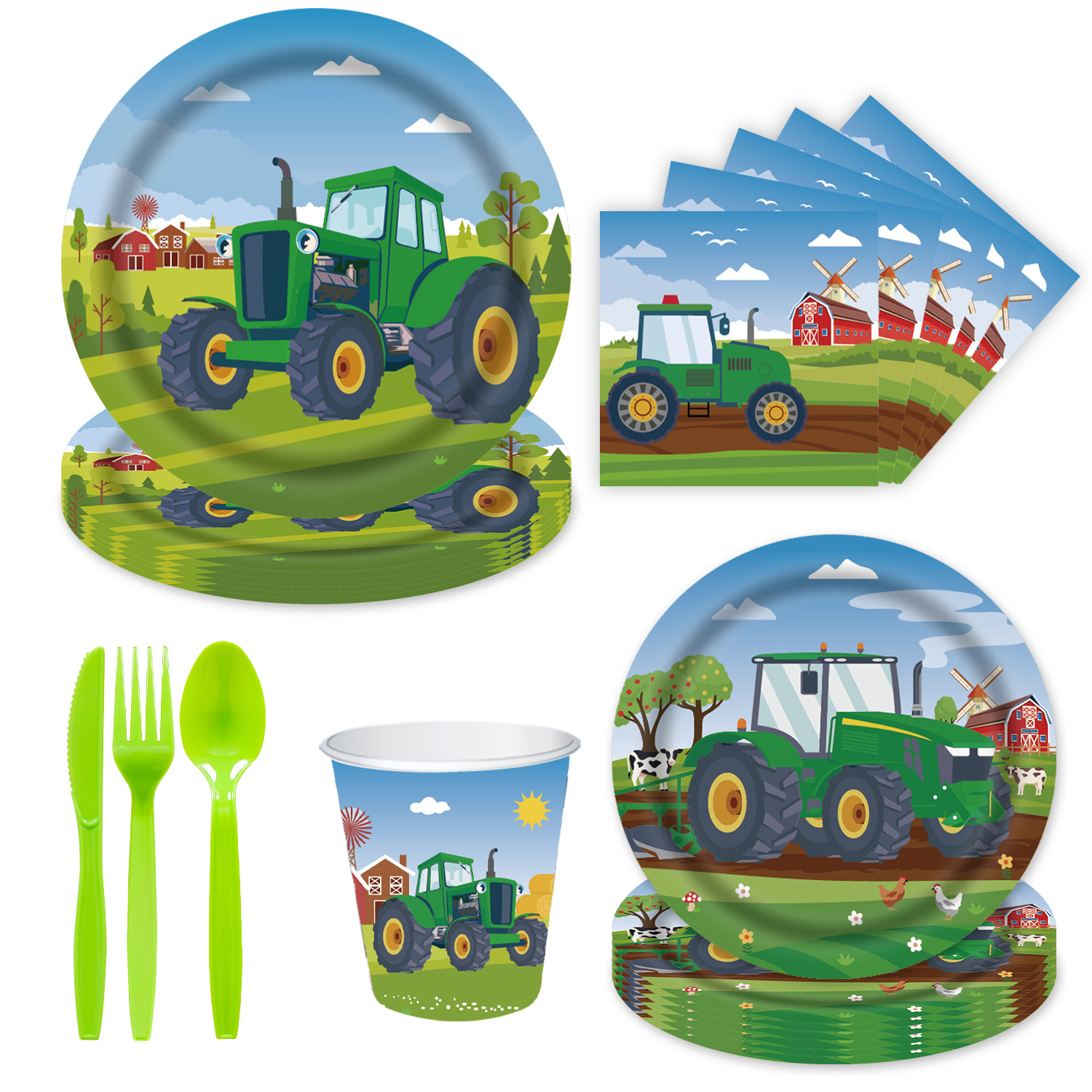 Juego de mantel con tema de tractor de fiesta de granja, comida de cumpleaños de coche, bandeja de papel desechable, taza de papel, mantel de toalla de papel