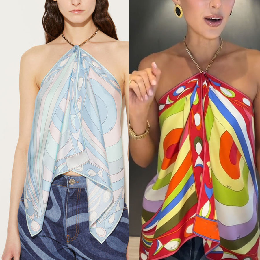 Top bandeau com decote halter em cetim estampado para mulher_voghion.com