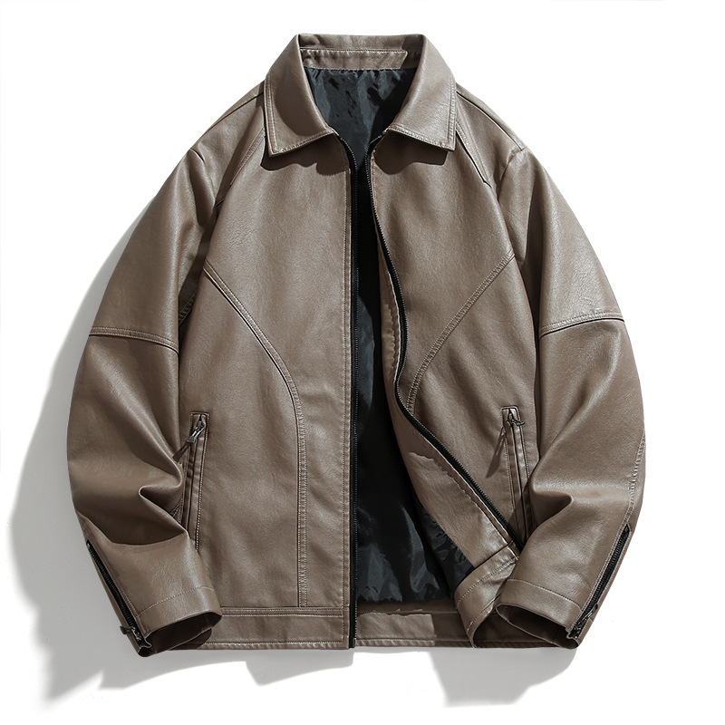 2024 New Men's Leather Jacket Lapel Motorcycle Jacket Leather Jacket Men's Korean Style Loose Wash-free Youth Men's Clothing