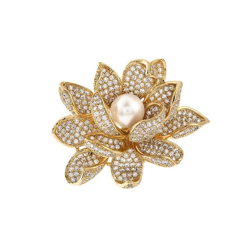 High end luxury full diamond lotus brooch fashionable OL texture pearl clothing accessories anti exposure corsage pin_voghion.com
