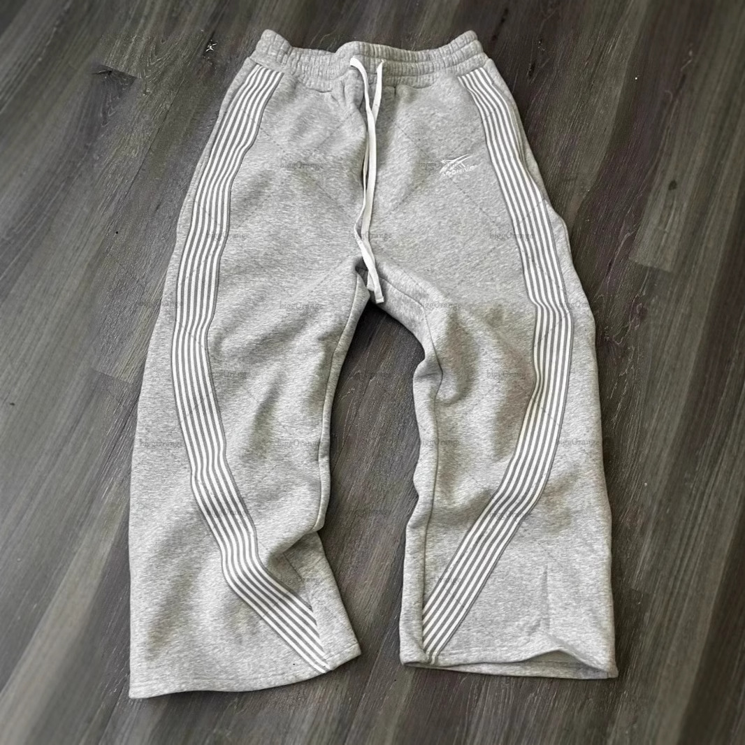 Men's & Women's Vintage Y2K Retro Side Stripe Jogger Pants - High Waist Loose Fit Casual Sweatpants With Fleece Embroidery (Black/Gray Stripe,)_voghion.com