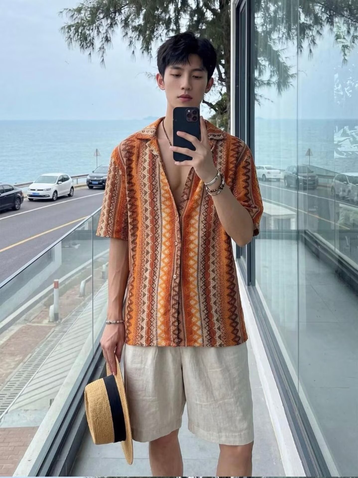 Wukong Youhuo Retro Ethnic Style Hollow-out Woven Cuban Collar Shirt Men's Summer Color Block Design Short-sleeved Shirt