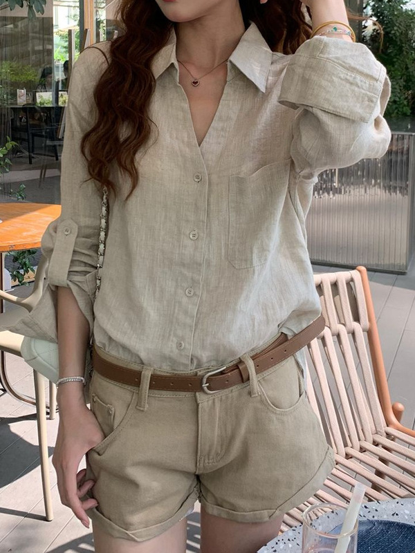 Polo翻领长袖棉麻衬衫女夏法式气质防晒开衫外套外搭宽松衬衣上衣|undefined