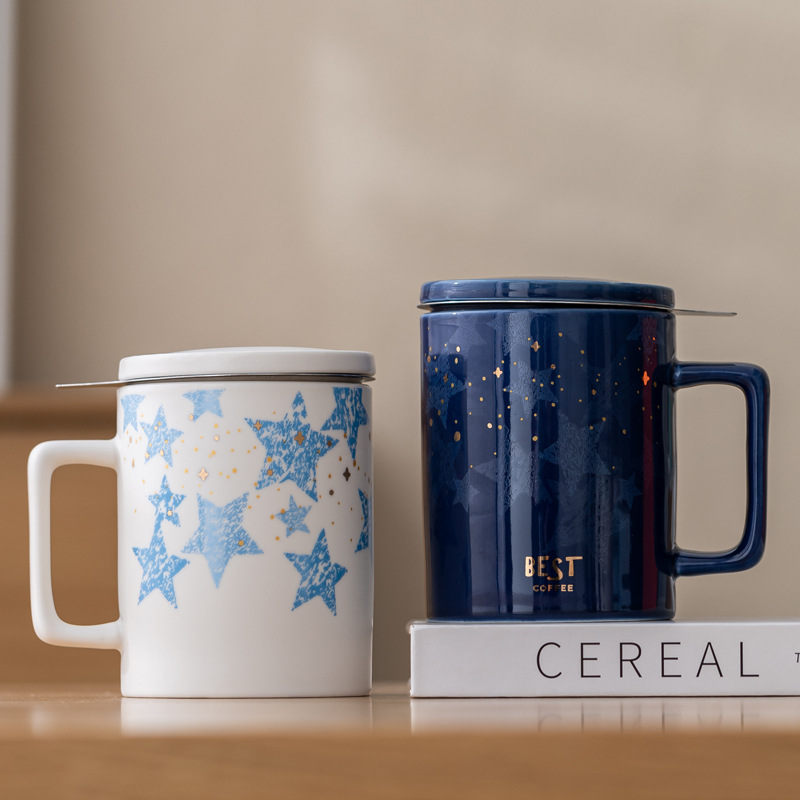 Taza de café de moda simple taza de tamaño grande con tapa de filtro caja de regalo impresa LOGO regalos publicitarios