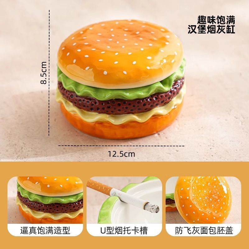 Cenicero de hamburguesa creativo con tapa a prueba de cenizas, atmósfera de alta gama, sala de estar, oficina en el hogar, cenicero de cerámica, sentido avanzado