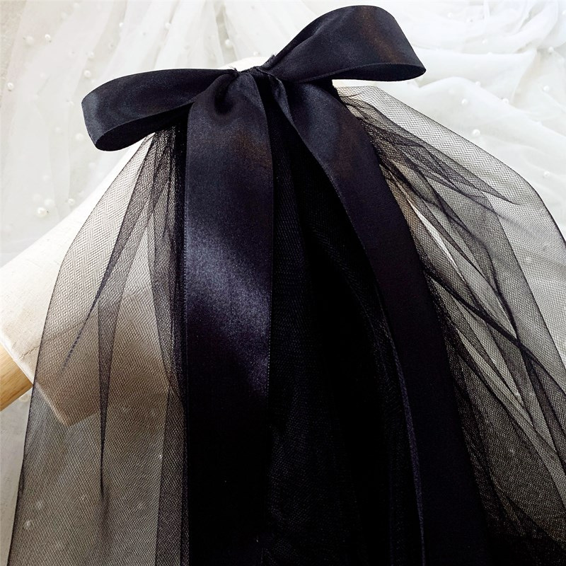 新款復古黑色蝴蝶結頭紗雙層暗黑網紅拍照萬聖節森系寫真影樓頭飾