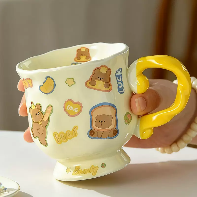创意卡通动物情侣对杯耐热高脚咖啡杯奶油萌宠小众好看宿舍马克杯