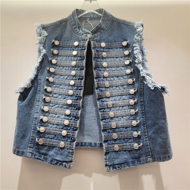 2026 nuevo retro británico costillas de abrazadera de agua hace viejos jeans clip chaleco con abrigo corto para mujeres image 2