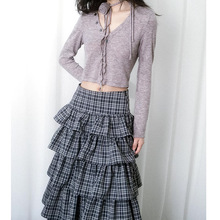 MENGXIANG ▏美式复古重工设计蓝灰色格纹蓬蓬蛋糕半身裙长裙女潮