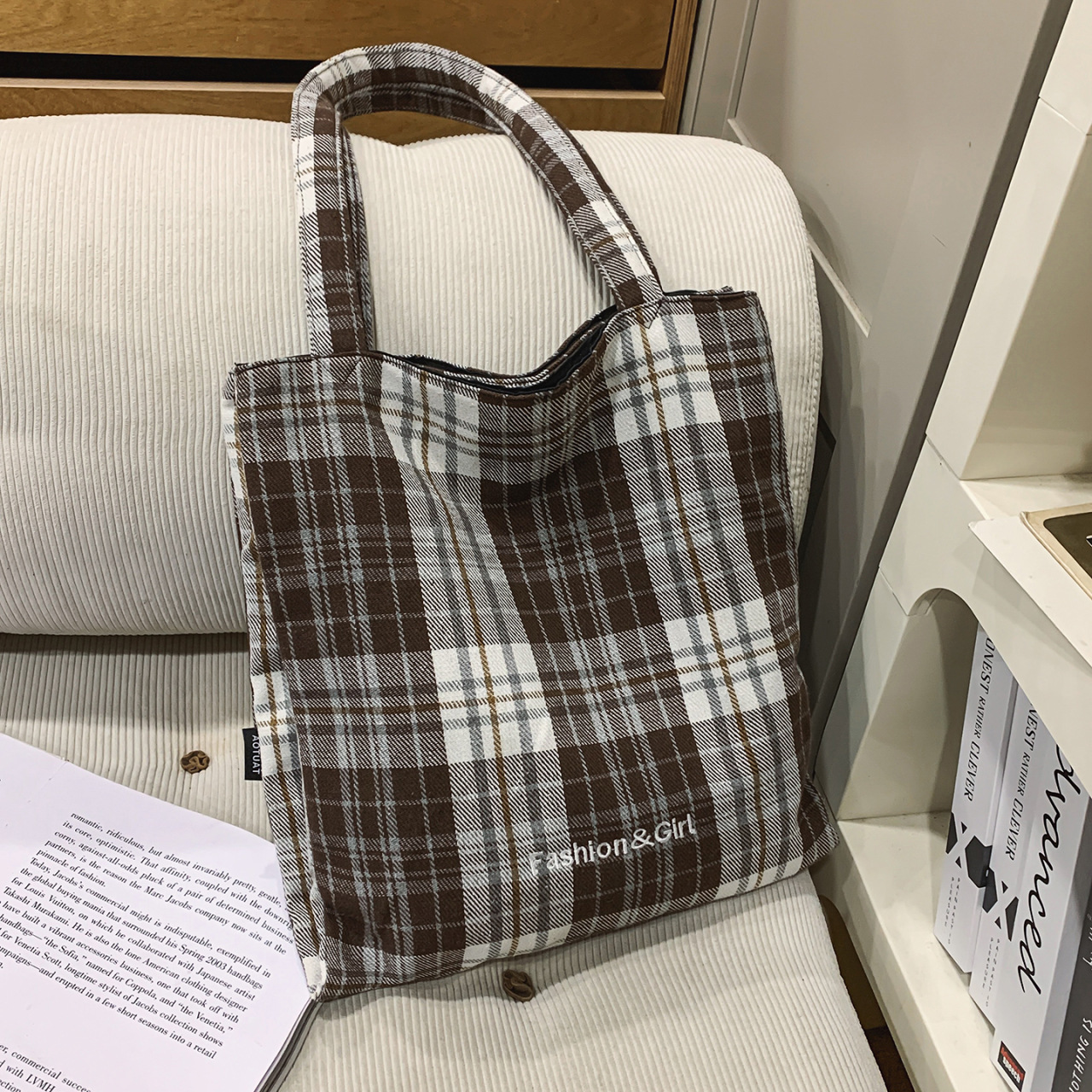 Winter New Plaid Bag For Women Korean Lazy Style Large Capacity Student School Commuter Shoulder Bag Tote Bag - Thumbnail 7