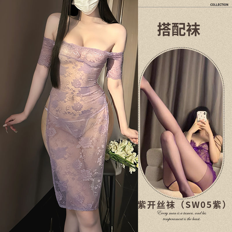 보라색 레이스 스커트 + 끈 팬티 + 보라색 가랑이 스타킹