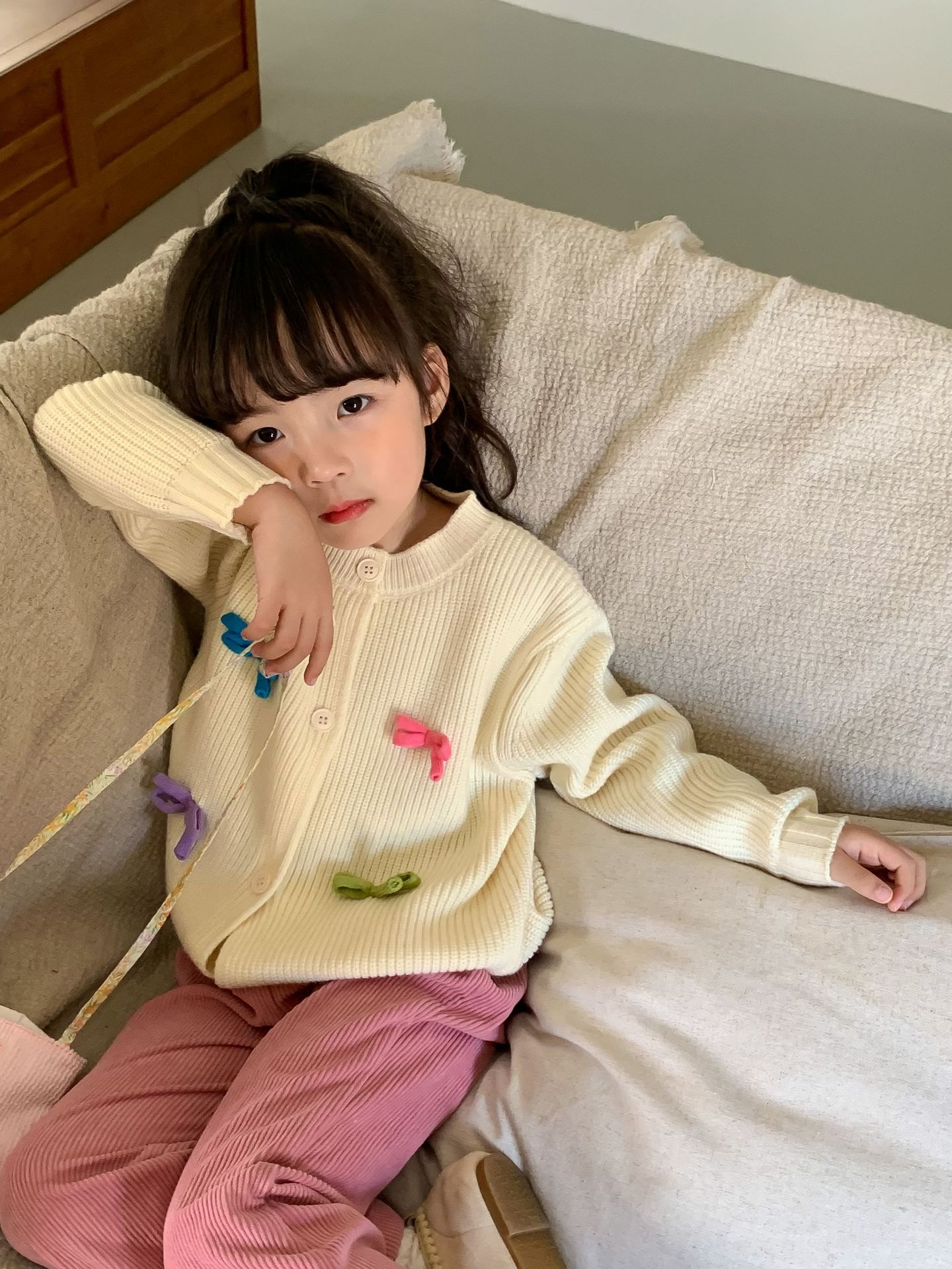Wheat Field Season Autumn Korean Style Girls Bow Sweater Children's Cardigan Princess Sweater Jacket