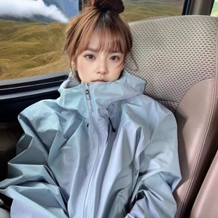 Blue American Style Jacket Women's Spring and Autumn New Windproof Hooded Outdoor Mountaineering Suit Design Sense Trendy Brand