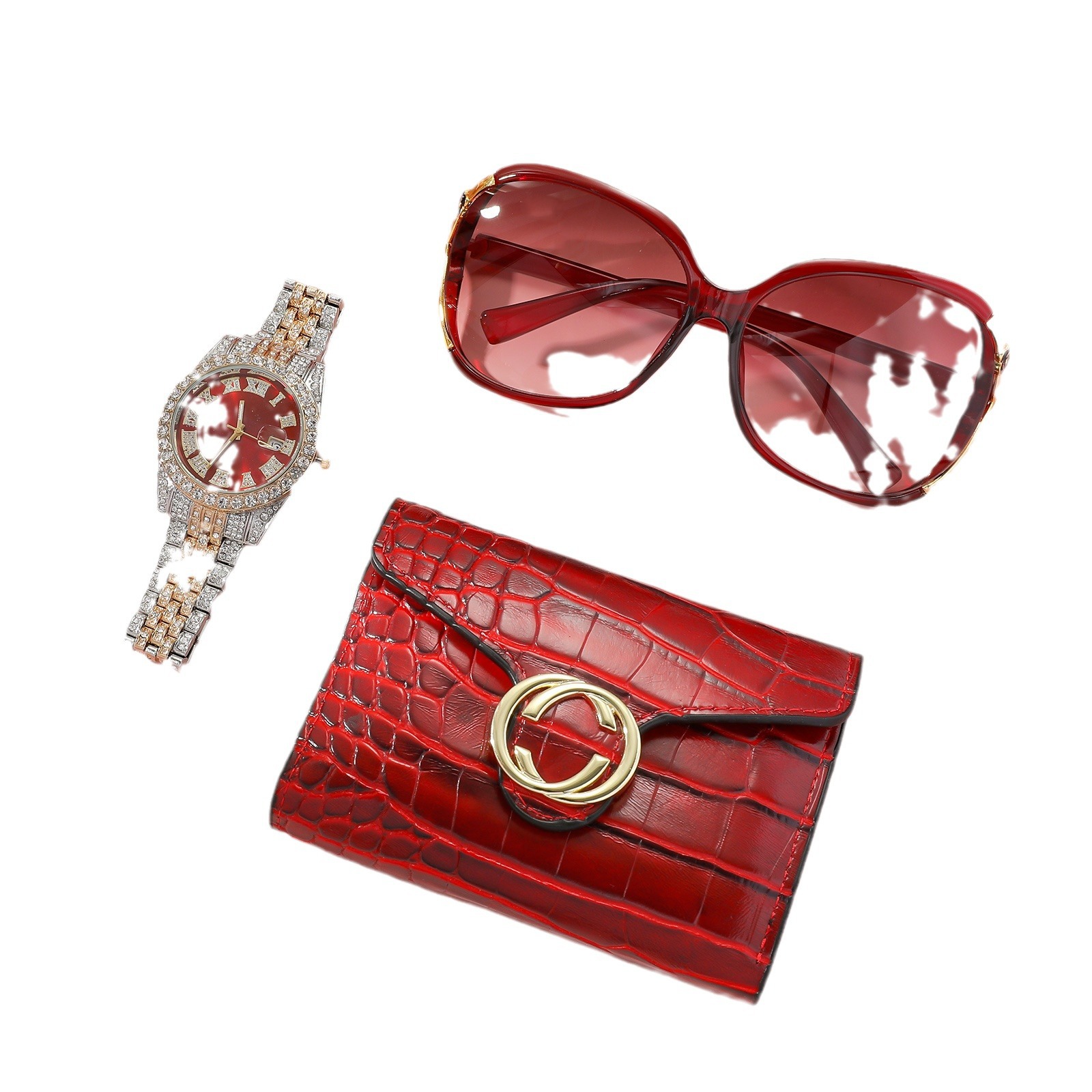 Set de Reloj para Mujer en Caja de Regalo, Reloj Rojo + Cartera + Gafas de Sol + Perfume, Set de 3 Piezas